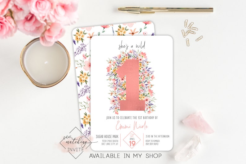 She Is A WildOne 1st Birthday Invitation Wild One PRINTED Arched Flower Floral Invite PINK Wildflower Party Invitation Boho Garden Party image 9