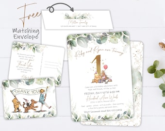 Winnie the Pooh PRINTED Invitation - 1st Birthday Party Invitation - Green Leaves and Gold - Customize for Any Age