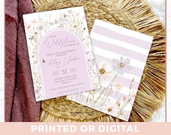 May include: A purple and white baby shower invitation with a floral design and the text "A Little Wildflower is on her way". The invitation includes the date, time, and location of the shower.