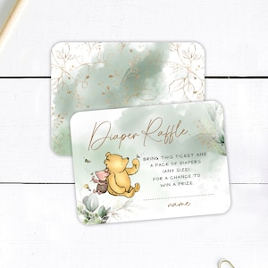 Winnie-the-pooh Baby Shower Diaper Raffle PRINTED Insert - Little Hunny Green & Gold - Small Matching Insert Card - Customize for Any Event