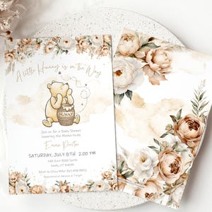 Winnie-the-pooh A Little Hunny is on the Way BABY SHOWER Invitation Beige & White Baby Shower Invitation Beige Flowers Gold Dust Baby Shower