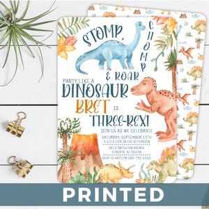 Dinosaur Three-Rex Party PRINTED Invite - 3rd Birthday Party - Dinosaur Invitation- Rounded Corners