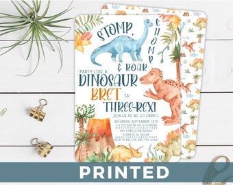 Dinosaur Three-Rex Party PRINTED Invite - 3rd Birthday Party - Dinosaur Invitation- Rounded Corners