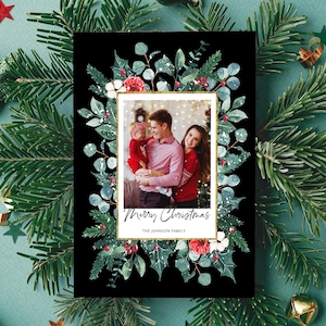 Custom Photo Christmas Card Holiday Photo Greeting Card Luxury Traditional Family Black Gold Elegant Winter Holiday Card Design Personalized