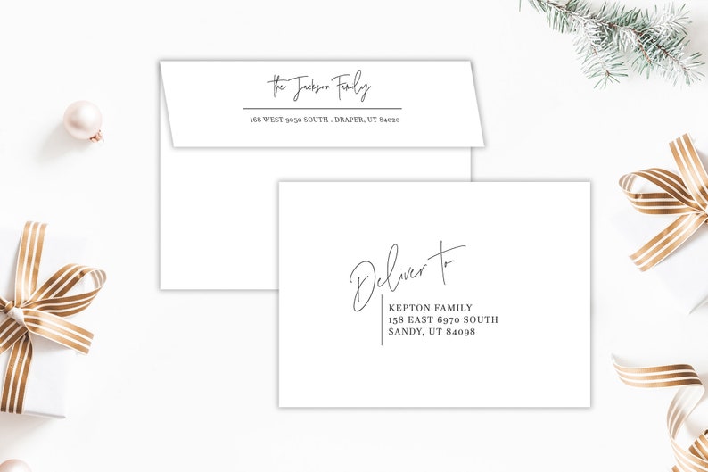 May include: White envelopes with elegant script text. One envelope reads "The Jackson Family" with an address below. Another envelope says "Deliver to" with the "Kepton Family" address. Decorative elements include a gift box and ornaments.