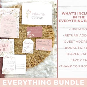 May include: A baby shower stationery bundle featuring a floral invitation, return address label, diaper raffle card, books for baby card, favor tag, and thank you postcard. The text lists the items included in the everything bundle set.