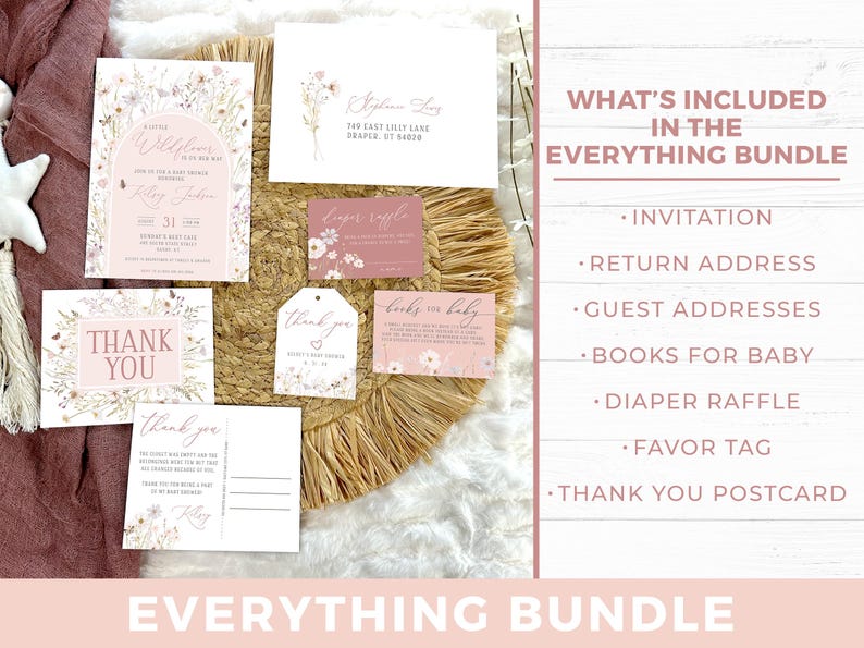 May include: A baby shower stationery bundle featuring a floral invitation, return address label, diaper raffle card, books for baby card, favor tag, and thank you postcard. The text lists the items included in the everything bundle set.