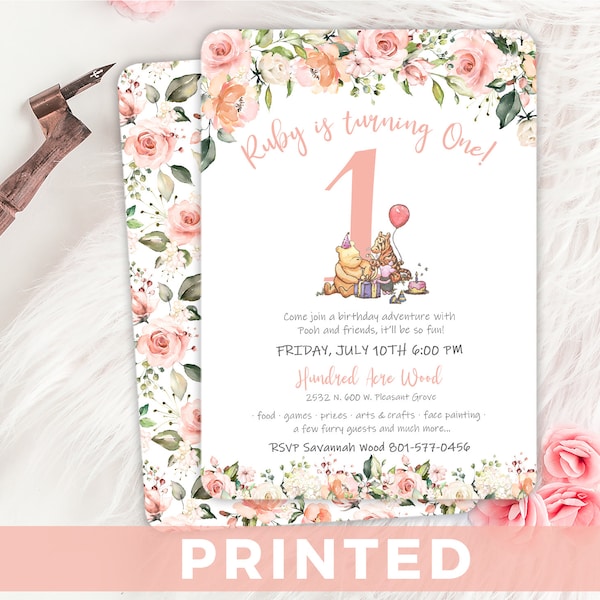 Winnie-the-pooh Invitation - 1st Birthday Party Invitation - Pink Roses - Any Age - Any Event