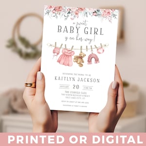 A Sweet Baby Girl is on Her Way Baby Shower Invitation Pink Floral Clothesline Invite Editable Baby Laundry Clothes Flower Dress Invite