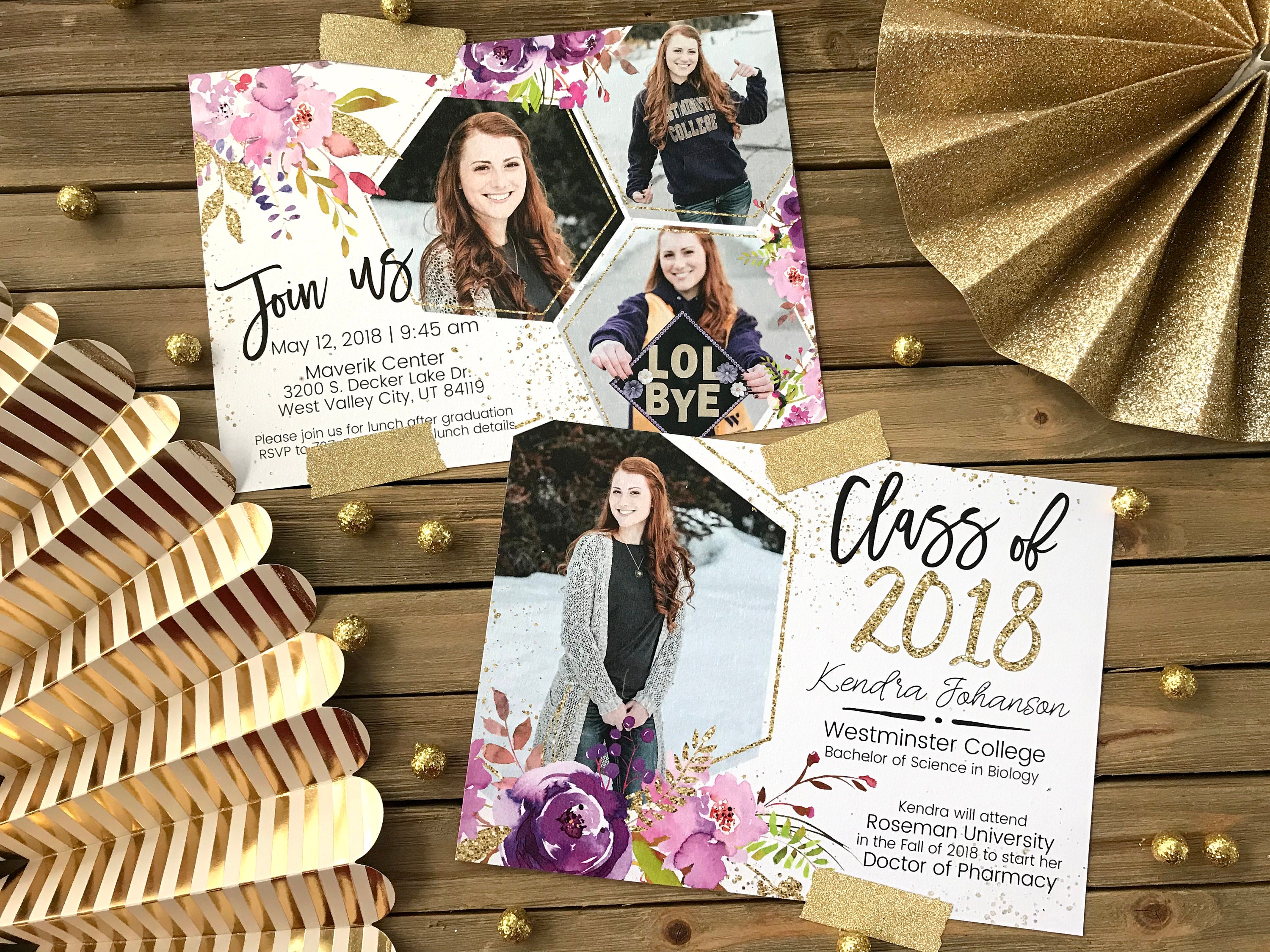 Graduation Announcement Flower Gold Glitter Graduation Invite Purple Glitter Graduation Announcement Girl Graduation Announcement