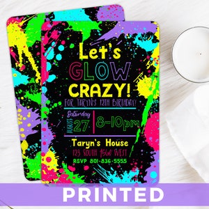 Neon Party PRINTED Invitation - Glow-in-the-Dark Party Invite - Splatter Paint Birthday Invitation