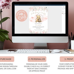 May include: A computer monitor displays a digital baby shower invitation template featuring a cartoon bear with a honey pot, pink floral accents, and the text A Little Honey is on the Way, Emma Parton, Saturday July 8th 2:00 PM. The screen also shows a Corjl logo.