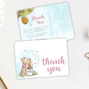 Winnie-the-pooh PRINTED Pink Thank You Card - Pink Baby Shower Thank You Card - Winnie-the-pooh Pink Baby Shower Thank You Postcard