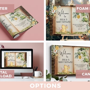 May include: A Winnie the Pooh themed baby shower welcome sign with a watercolour illustration of Winnie the Pooh and a beehive. The sign is available as a digital download, poster, foam board, or canvas print. The text on the sign reads "Welcome to Julia's Baby Shower".