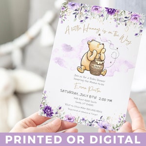 Winnie-the-Pooh A Little Hunny is on the Way BABY SHOWER Invitation Purple & Gold Baby Shower Invitations Purple and Gold Dust Baby Shower