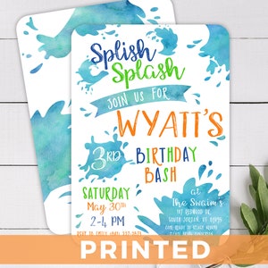 Splish Splash Birthday Bash PRINTED Invitation - Water Party Invite Rounded Corners