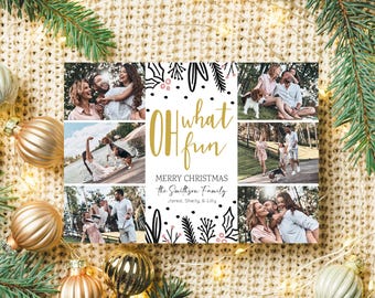 May include: A Christmas card with a collage of family photos. The card has a white background with black and pink floral designs and gold lettering that says "Oh what fun" and "Merry Christmas the Smithson Family Jared, Shelly & Lily".