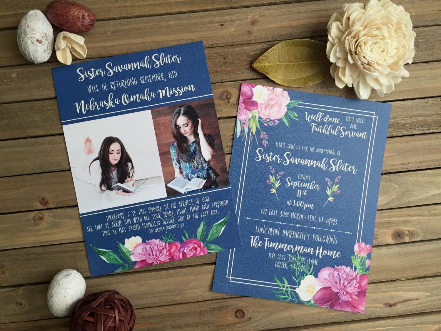 Lds Mission Homecoming Blue With Purple Floral Invite Mission