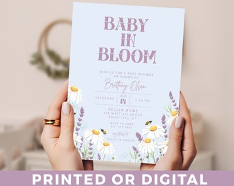 Faire-part de fête prénatale modifiable bébé en fleurs Faire-part de fête prénatale marguerite et lavande fleurs printanières avec abeilles