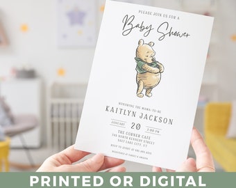 Editable Classic Winnie-the-Pooh BABY SHOWER Invitation Green Simple Winnie-the-Pooh Modern Baby Shower Invite for Baby Shower Template