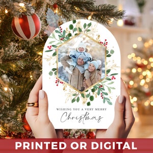 Sehr frohe Weihnachten Fotokarten - Bogen Foto Feiertagskarten - GEDRUCKT - Grün & Goldblätter Weihnachtsfamilienfoto - Bogen Porträt / Vertikal