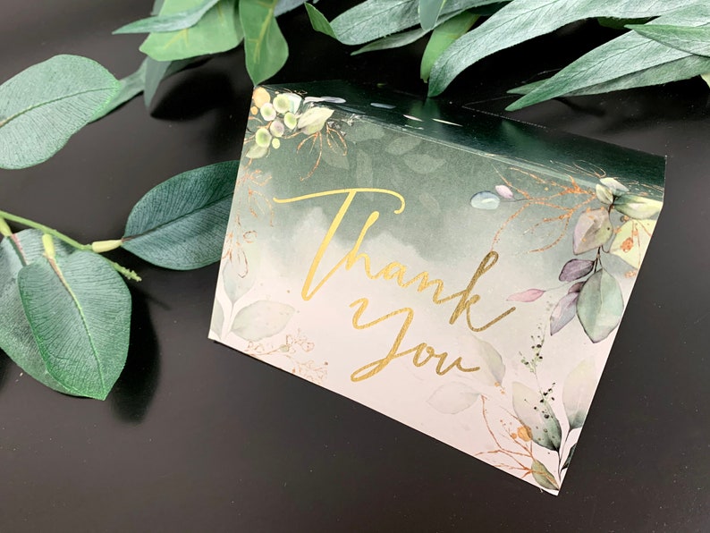 Thank You Card Green and Gold Watercolor Real Foil Folded Note Card