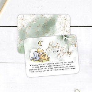 Libros de baby shower de Winnie-the-pooh para inserto IMPRESO para bebés - Little Hunny Green & Gold - Tarjeta de inserción pequeña a juego - Personalizar para cualquier evento