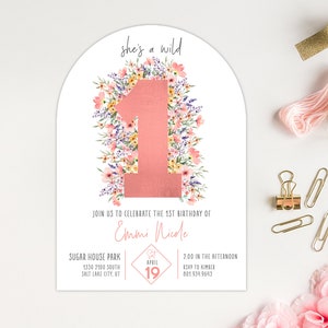 She Is A WildOne 1st Birthday Invitation Wild One PRINTED Arched Flower Floral Invite PINK Wildflower Party Invitation Boho Garden Party image 4