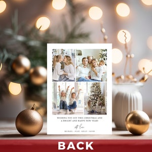 May include: A Christmas card with four family photos. The card has the text "Wishing you joy this Christmas and a bright and happy new year!" and the names Michael, Julie, Kelly, and Jacob. The background includes gold ornaments and bokeh lights.