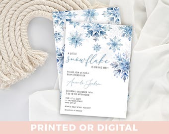 Little Snowflake on the Way Baby Shower Invitation Winter Baby Shower Invite Blue Snowflake Baby Shower Invite
