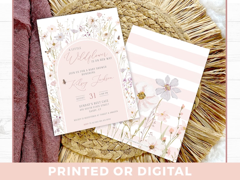 May include: A rectangular baby shower invitation card featuring a pink arch, wildflower illustrations, and the text A LITTLE WILDFLOWER IS ON HER WAY, along with event details for Kelsey Jackson. A second card shows pink and white stripes with flowers.