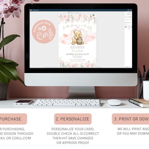 May include: A computer screen displaying a Winnie the Pooh themed baby shower invitation with pink and white floral accents. The invitation reads "A Little Honey to the Hive" and includes the text "Personalized with Corjl".