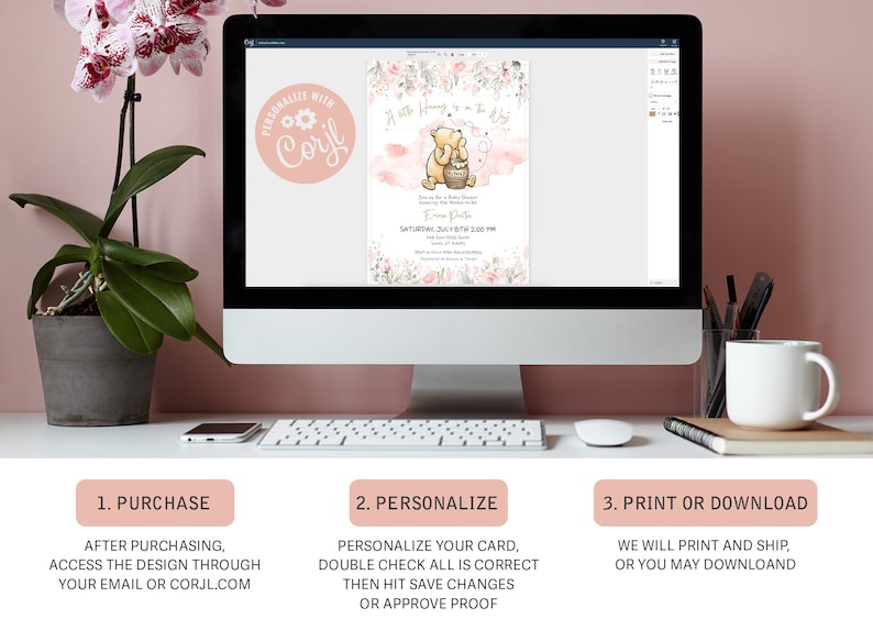 May include: A computer screen displaying a Winnie the Pooh themed baby shower invitation with pink and white floral accents. The invitation reads "A Little Honey to the Hive" and includes the text "Personalized with Corjl".