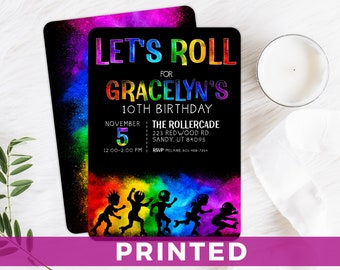 Let's Roll Skating Party Invitation Roller Skate Birthday PRINTED Invitation Rainbow Paint Dust Birthday Invite