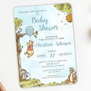 May include: A Winnie the Pooh themed baby shower invitation with a blue watercolour background. The invitation features Winnie the Pooh, Piglet and Tigger. The text on the invitation reads "Please join us for a Baby Shower honouring the mommy-to-be Christine Johnson, Sunday, March 27, 3:30-5:30 PM, Leavitt Park Clubhouse, 334 Elm St, Bountiful, UT 84010, RSVP to Christine at 601-731-4115, Registered at Target & www.babylist.com".