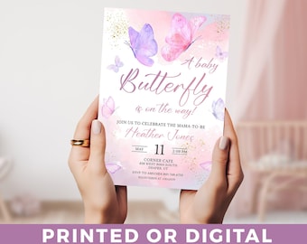 EDITABLE Butterfly Baby Shower Invitation A Baby Butterfly is on Her Way Baby Shower Girl theme Pink Butterfly Invite Downloadable & Printed