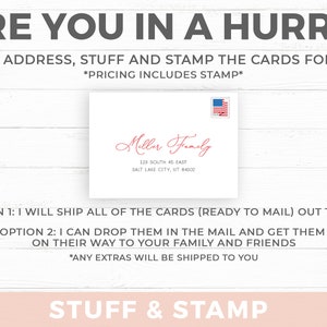 May include: A white envelope with a red script name Miller Family and a printed address 123 South 45 East Salt Lake City, UT 84102. The envelope features a United States flag postage stamp in the top right corner. The text reads ARE YOU IN A HURRY?