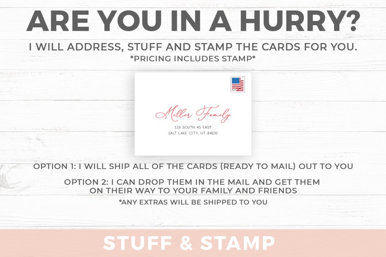 May include: A white envelope with a red script name Miller Family and a printed address 123 South 45 East Salt Lake City, UT 84102. The envelope features a United States flag postage stamp in the top right corner. The text reads ARE YOU IN A HURRY?