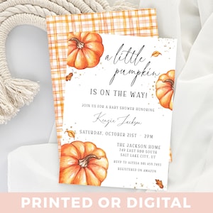 A Little Pumpkin is on the Way BABY SHOWER Invitation Fall Pumpkin and Leaves Baby Shower Invitations Fall Leaves Baby Shower