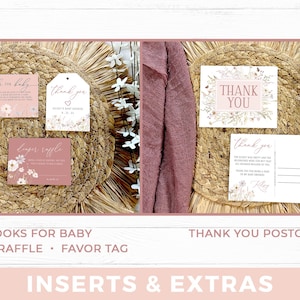 May include: A set of printed paper stationery including a Books for Baby card, a Diaper Raffle card, a Thank You favor tag, and a Thank You postcard. Each piece features a floral design in shades of pink and white with clear black text.