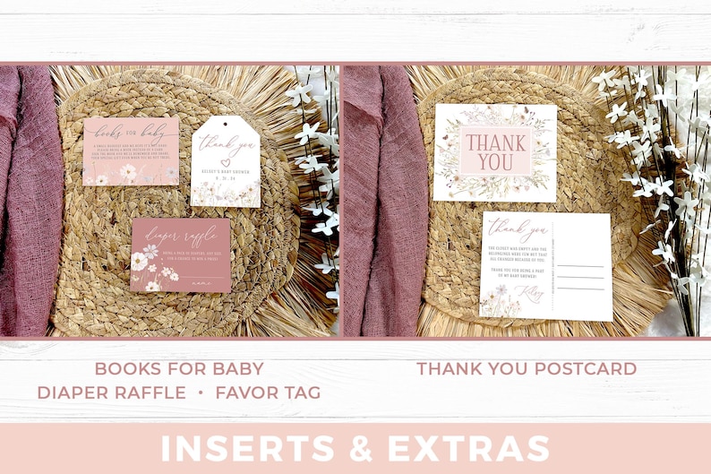 May include: A set of printed paper stationery including a Books for Baby card, a Diaper Raffle card, a Thank You favor tag, and a Thank You postcard. Each piece features a floral design in shades of pink and white with clear black text.