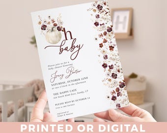 Oh Baby Baby Shower Invitation Florals and Pumpkins Baby Invite Baby Shower Fall Baby in Bloom Flowers and Pumpkins Invitation