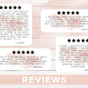 May include: White cards with customer reviews and star ratings are displayed on a light wood background. The cards feature text praising the product quality, customer service, and the shop owner. The word "REVIEWS" is at the bottom.