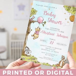 Invito per baby shower Winnie-the-pooh classico rosa Winnie-the-pooh Baby Shower Inviti Winnie-the-pooh Baby Shower Winnie-the-pooh Verticale