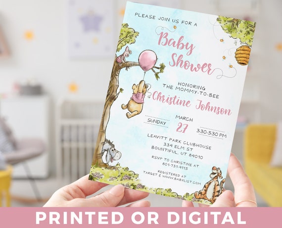 Winnie-the-pooh BABY SHOWER Invitation Classic Pink Winnie Pooh Baby Shower Winnie-the-pooh Invitations Baby Shower Winnie-the-pooh Vertical