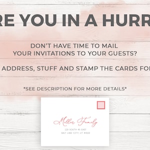 May include: A white envelope with a red stamp and the text "Miller Family" written in cursive. The address is "123 South 45 East, Salt Lake City, UT 84102". The text "ARE YOU IN A HURRY? DON'T HAVE TIME TO MAIL YOUR INVITATIONS TO YOUR GUESTS? I WILL ADDRESS, STUFF AND STAMP THE CARDS FOR YOU. *SEE DESCRIPTION FOR MORE DETAILS*" is written above the envelope.