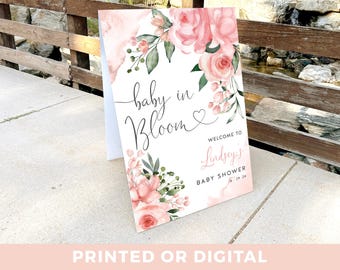 Baby in Bloom Baby Shower Welcome Sign, Pink Wildflowers Welcome Poster, Pink Rose Wildflower Baby Shower - Baby Girl Welcome Sign - BB14