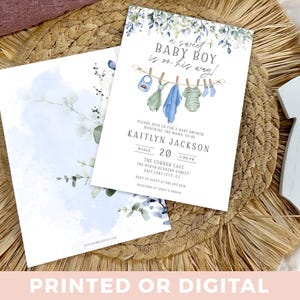 A Sweet Baby Boy is on His Way Baby Shower Invitation Blue Clothesline Invite Editable Baby Laundry Clothes Baby Boy Invite