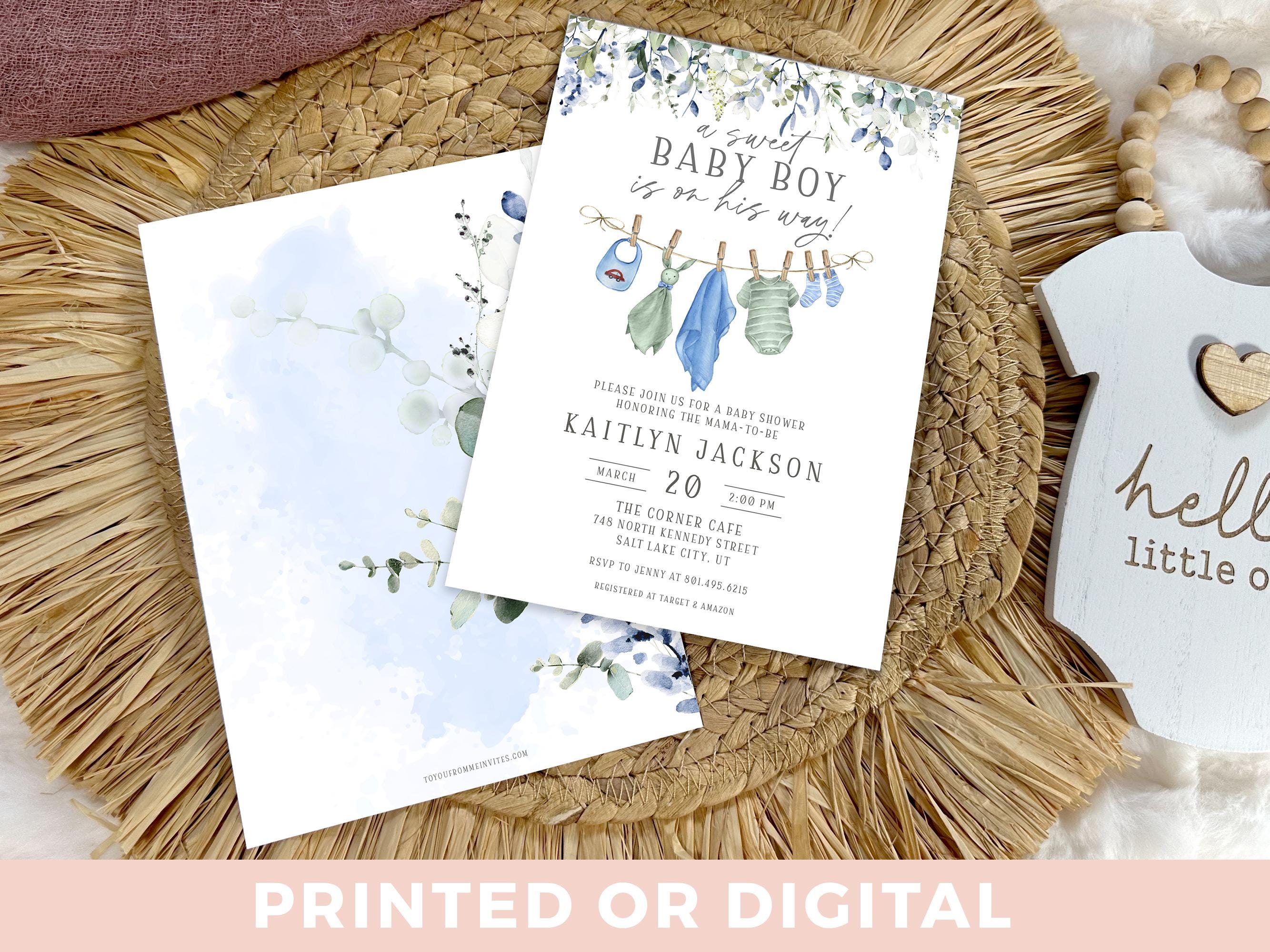 A Sweet Baby Boy is on His Way Baby Shower Invitation Blue Clothesline Invite Editable Baby Laundry Clothes Baby Boy Invite