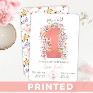 She is a Wild ONE Wildflower Party Invitation  Wild One 1st Birthday PRINTED Invitation  PINK Flower Birthday Invite  Boho Floral Invite